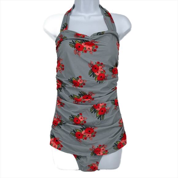 Halter Neck One Piece Swimsuit with Rose Print in Grey and Red Size Large - Picture 1 of 5